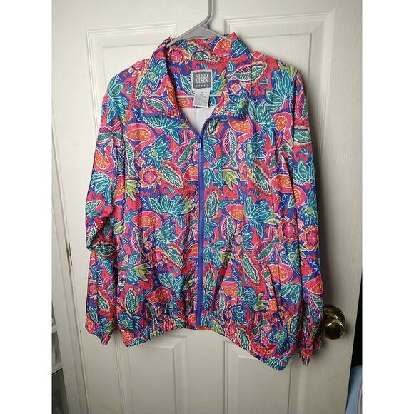 Sigrid Olsen Sport Woman M Jacket Bird Leaf Bright Design Fill Zip Pocket Lined - Picture 1 of 9